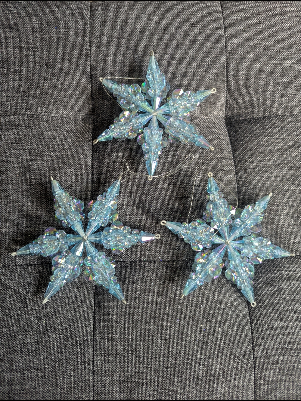 Iridiscent Blue Beaded Crystal Star Holiday Ornaments - Set of 3